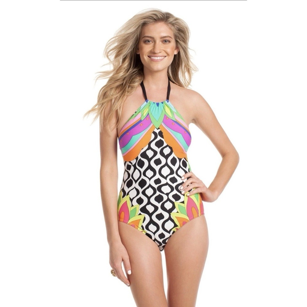 Trina Turk Balboa High Neck Halter One Piece Swimsuit Multicolor Sz 6